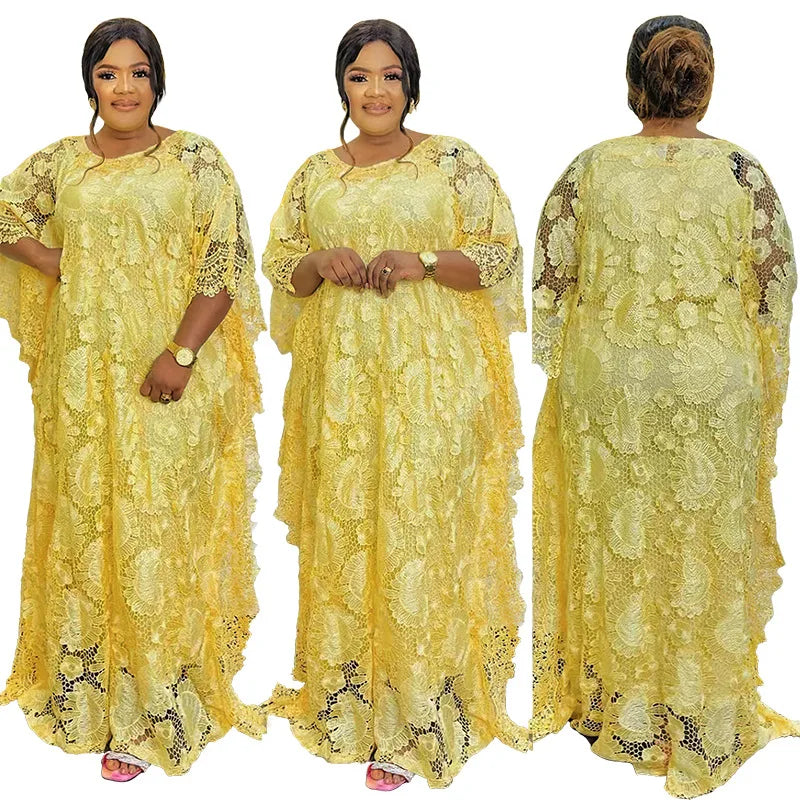 White Lace Hollow Africa Dresses for 2023 Muslim Women Dress African Clothes Dashiki Taditional Boubou Arabic Robe Femme Ramadan