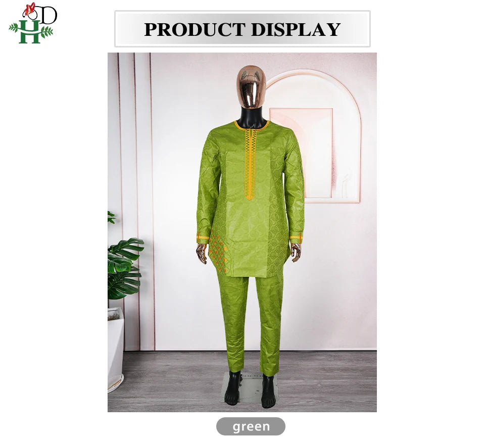 H&D African Clothing For Man Traditional Agbada Sets 2PCS Green Bazin Riche Shirt Pant Embroidered Wedding Party Suits Plus Size