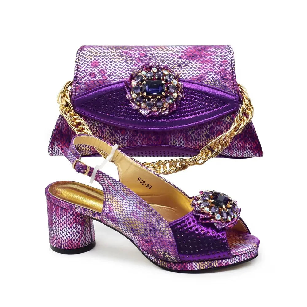 New Arrival Italian Shoes and Bags Matching Set 2024 Nigerian Heel Party for Women Purple Colour Italian Design Wedding Dress