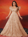 Lucyinlove Plus Size Luxury V-Neck ruffle sleeve Sequins Evening Dresses Women Elegant V-back Wedding Party Prom Cocktail Gowns
