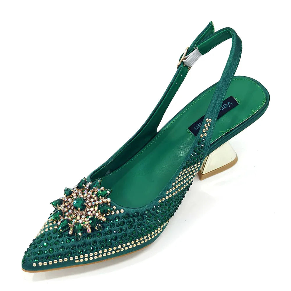 2024 New Designer Specials Italian Women Heels Shoes and Bag Set Royal Purple Color Comfortable With Rhinestone for Party