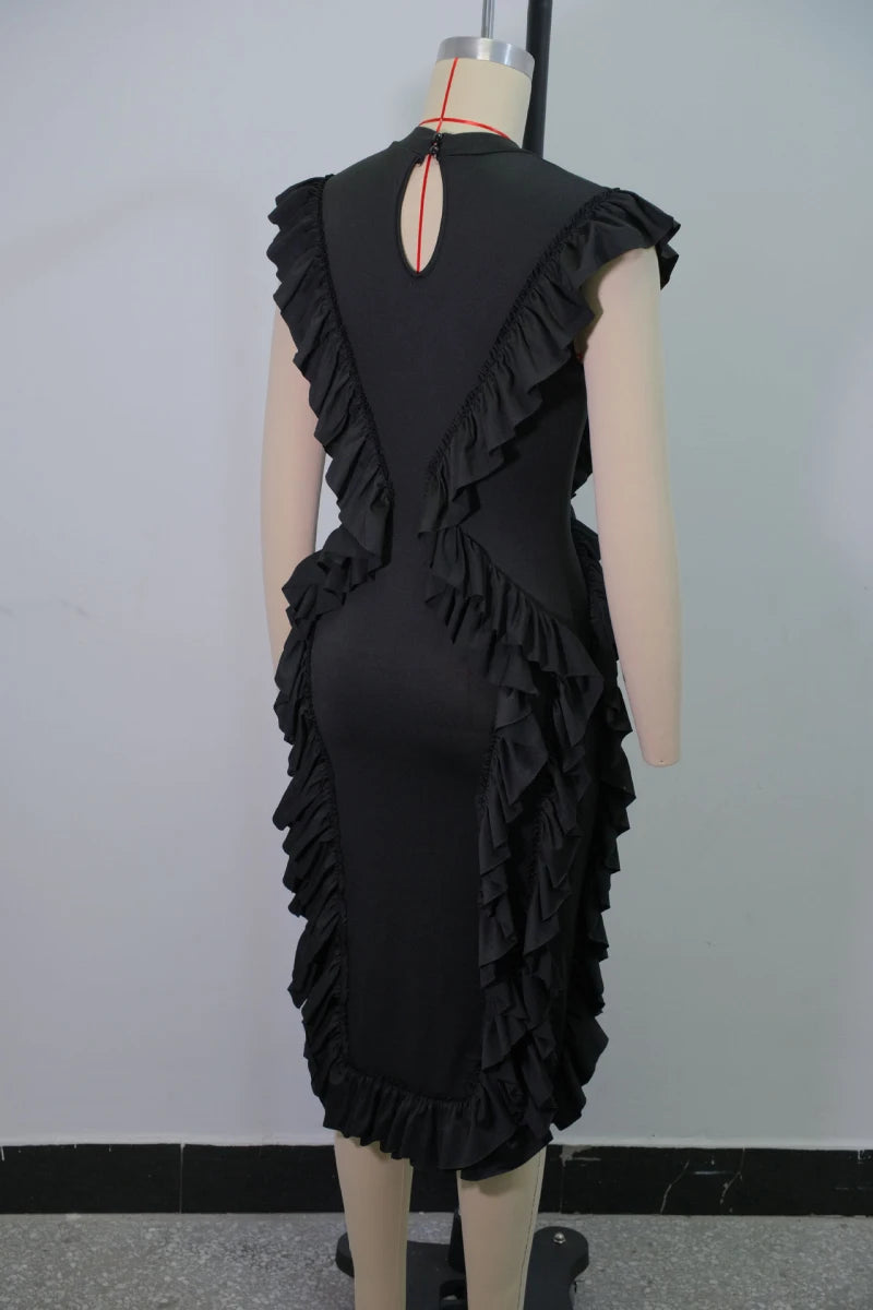 Elegant Women Summer Ruffles Dress Sleeveless Bodycon Round Neck Casual Vintage Slim Evening Party Club Midi Dresses