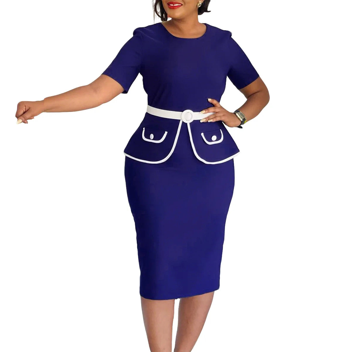 Elegant Fashionable Stretchy Short Sleeve Wrap Body Midi Dress Large Size African Style Commute Dress High Waist Skirt