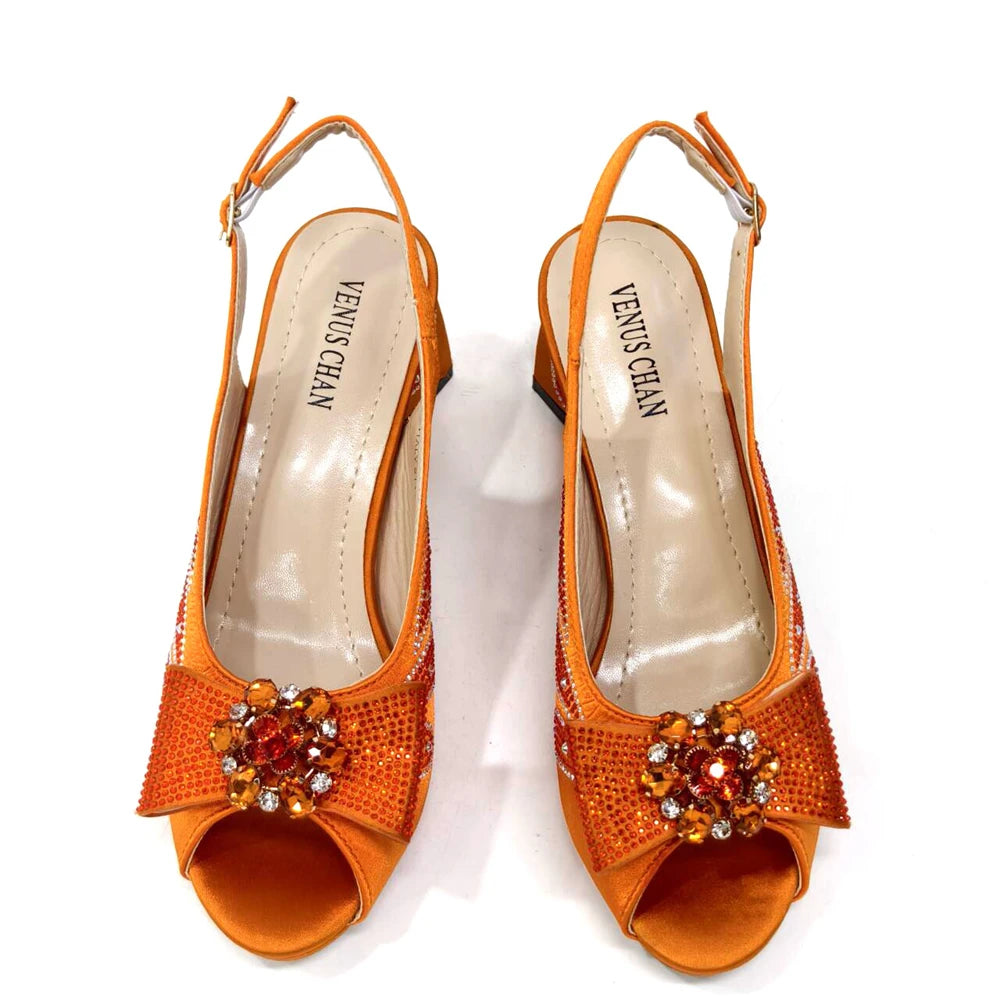 Venus Chan Italian Shoes and Bags Matching Set 2024 Peep Toe High Heels Peach Colour Bow Rhinestones Women Shoes for Party