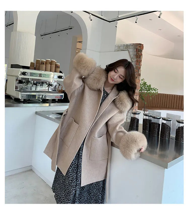 Faced Wool Ladies Winter Jacket Hooded coats Women Luxurious Real Fox Fur Coat Lose Clothing Cashmere Double