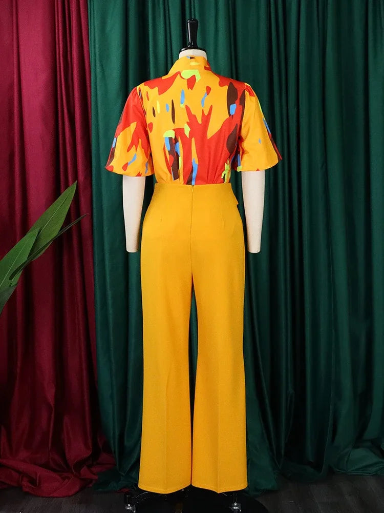 Women Two Pieces Set Printed Blouses Shirts Vintage Bow Collar with High Waist Pants Elegant Spring Fashion Office Ladies Suits