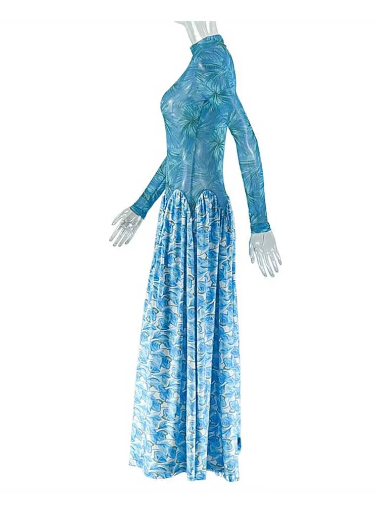 A Line Maxi Dress for Women Autumn Light Blue Long Sleeve Dress Slim Waist Mid-turtleneck Chic Elegant Evening Dresses Ladies