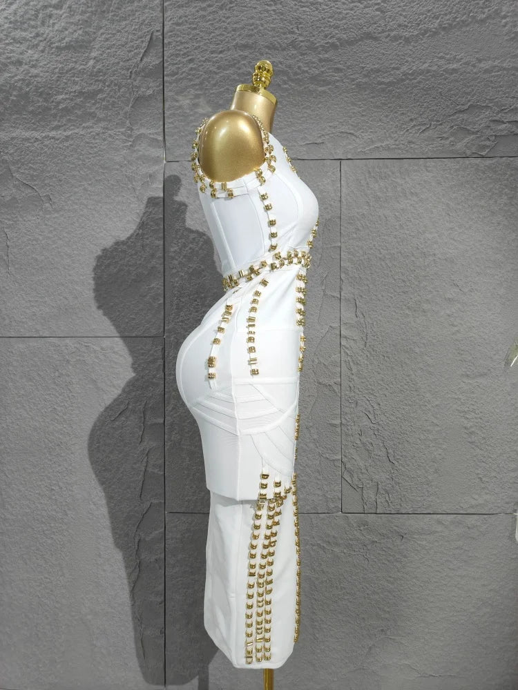 Real Rayon Bandage Midi Dress - High-Quality, Sleeveless with Beads, Thick Knitted Elastic for Vintage Party Occasions