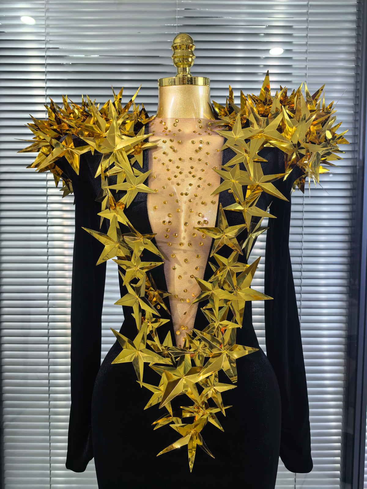 Black Color Women Long Sleeve Golden Stars Velvet Bodycon Long Dress Celebrate Fashion Evening Party Birthday Photo Shoot Wear
