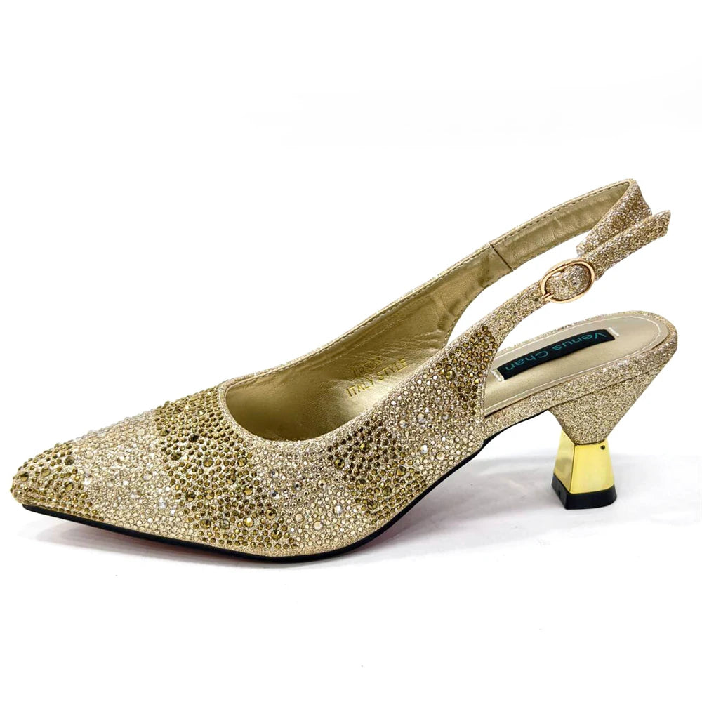Venus Chan- Elegant High Heels Shoes and Bag Set for Women Pointed Toe Black Color Hollow Rhinestones Matching Bag INS 2024