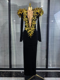Black Color Women Long Sleeve Golden Stars Velvet Bodycon Long Dress Celebrate Fashion Evening Party Birthday Photo Shoot Wear