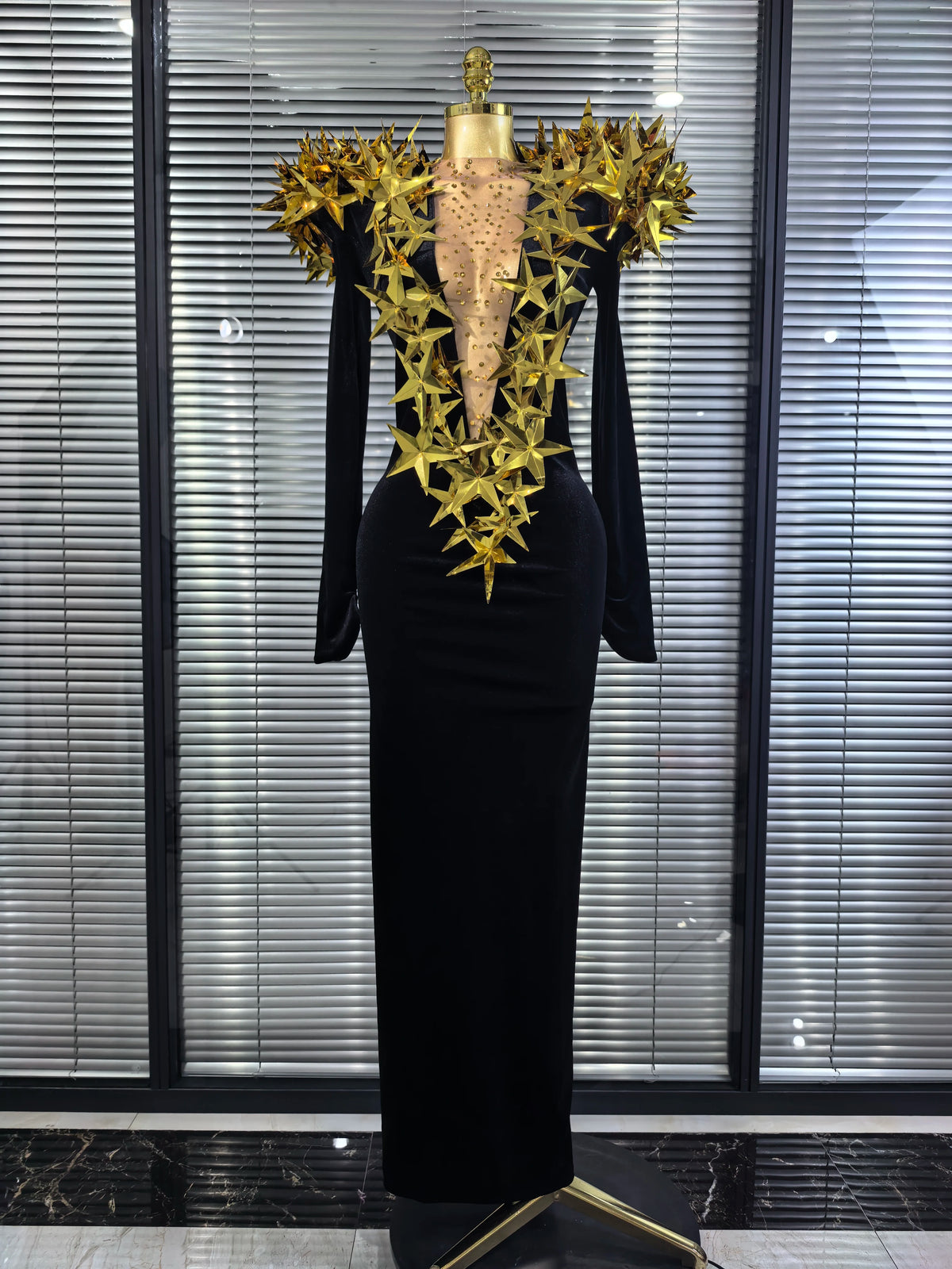 Black Color Women Long Sleeve Golden Stars Velvet Bodycon Long Dress Celebrate Fashion Evening Party Birthday Photo Shoot Wear