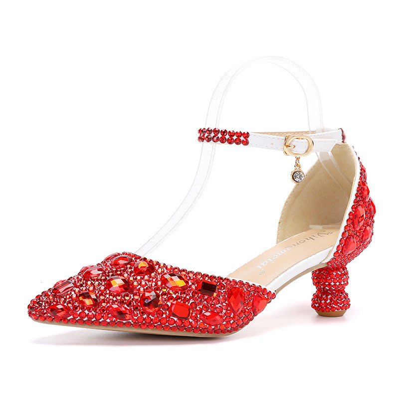 New 5cm Rhinestone shoes buckle round heel blue pointed Crystal Wedding sandals social dance Prom shoes Latin  shoes size 35-43