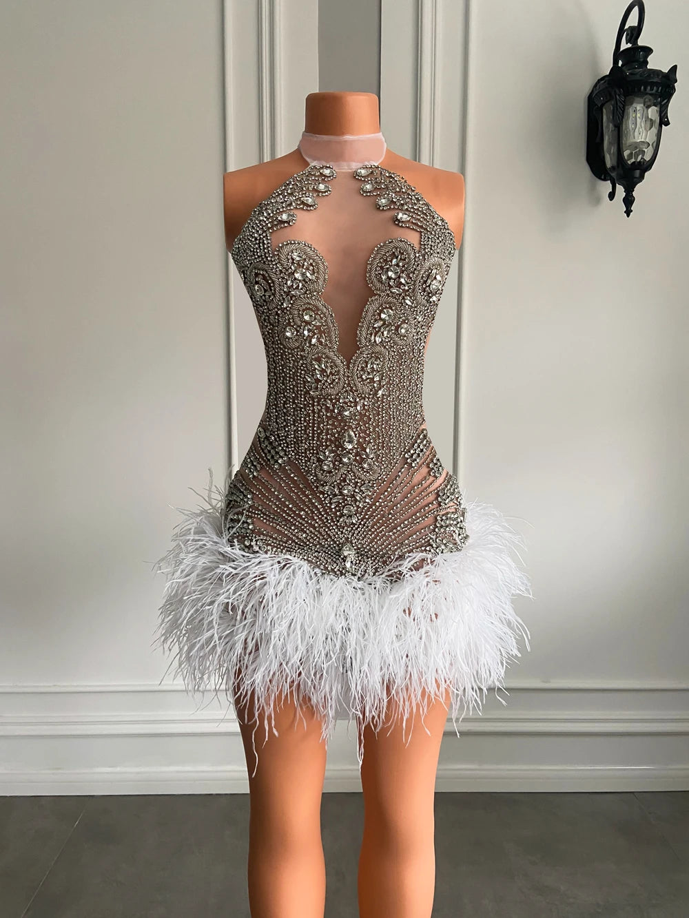 Sparkly Handmade Crystals Women Birthday Party Gowns Sexy See Through White Feather Black Girls Short Mini Prom Dress 2025