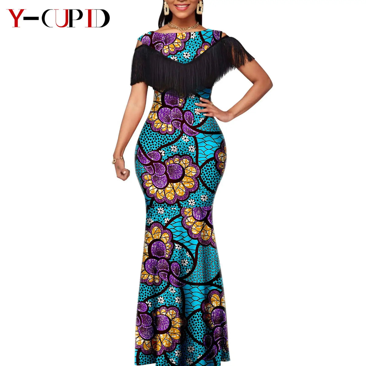 African Dresses for Women Matching Couple Outfits Bazin Riche Dashiki Slim Tassel Print Long Dresses for Party Vestidos Y23C009