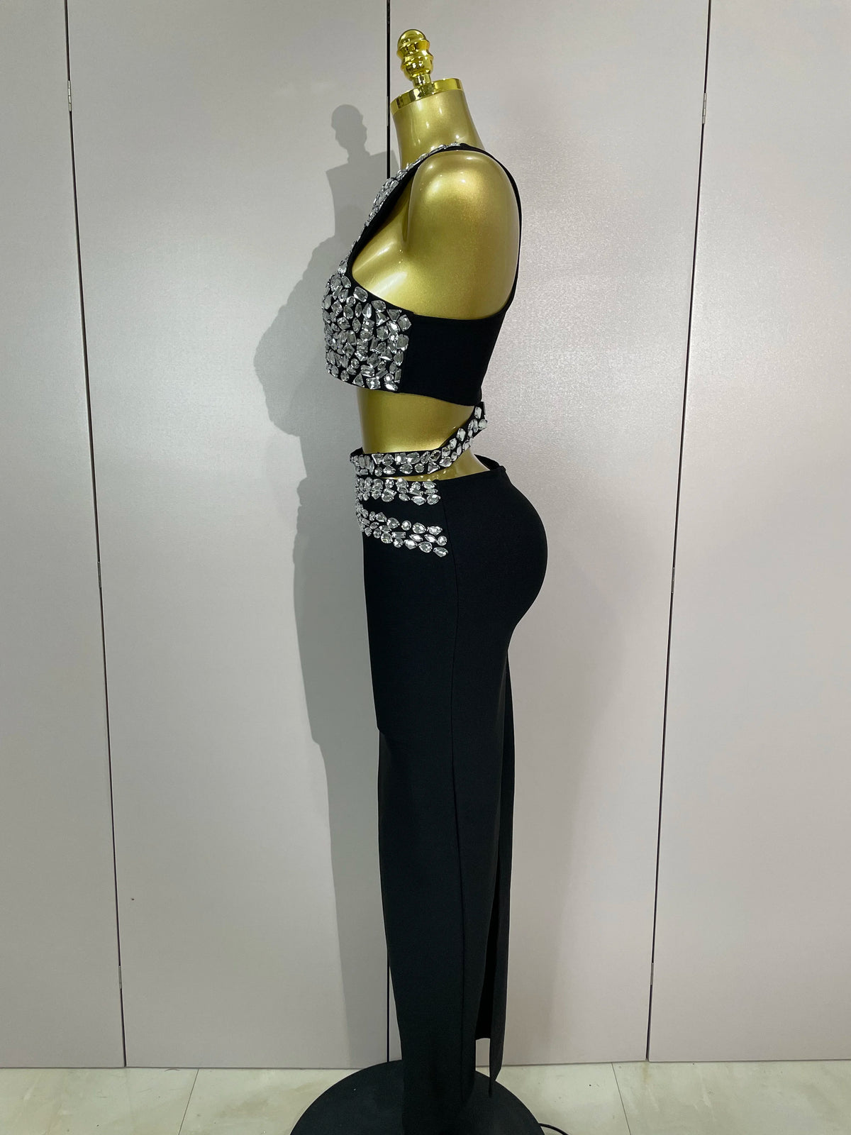 New Luxury Shining Sewed Diamond Black Long Bandage Two Piece Set Women Celebrate Evening Party Elegant Celebrity Birthday Dress