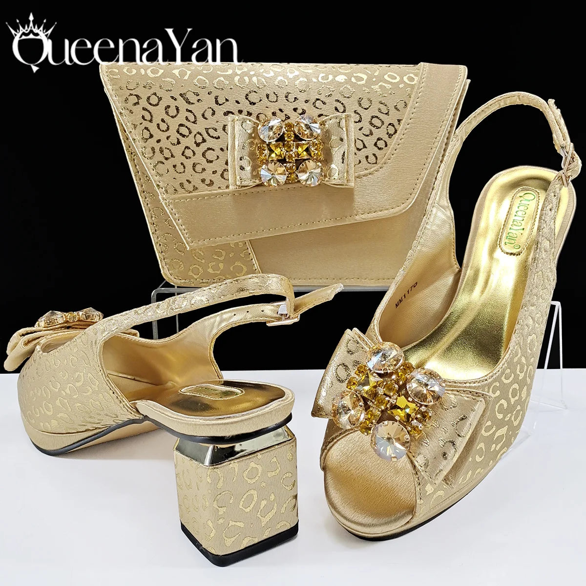 Queena Yan Light Blue Elegant Italian Rhinestone Wedding Shoe and Bag Set -Women Heels and Matching Handbag for Party