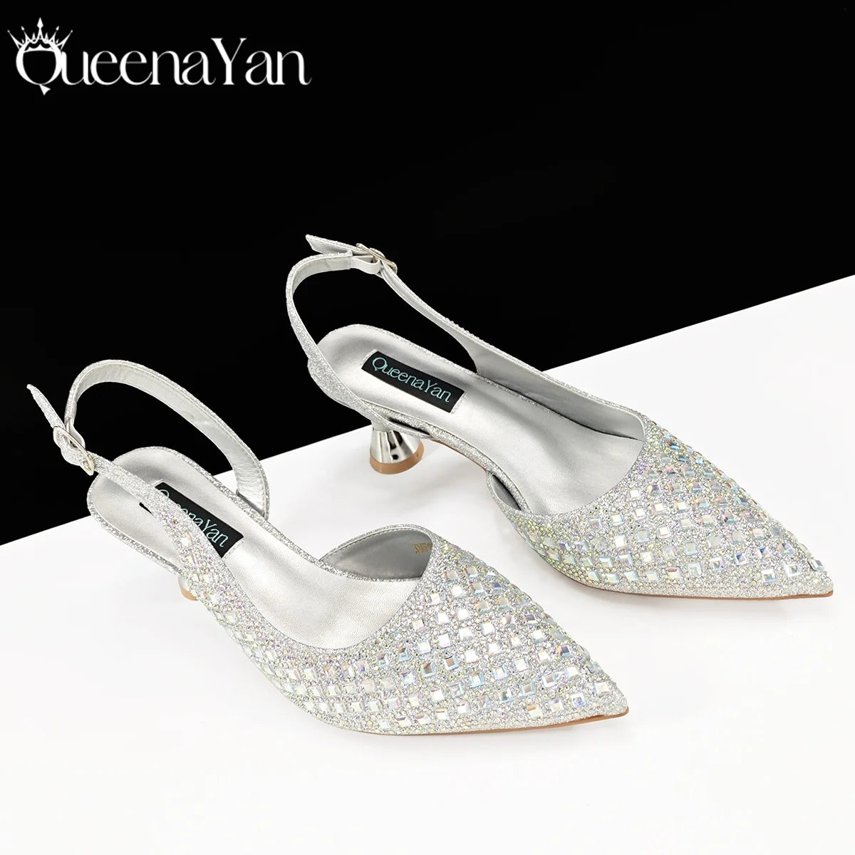 Queena Yan 2025 Italian Design Rhinestone Luxury Navy Blue Pointed Toe Shoe & Bag Set Women High Heels for Parties High Quality