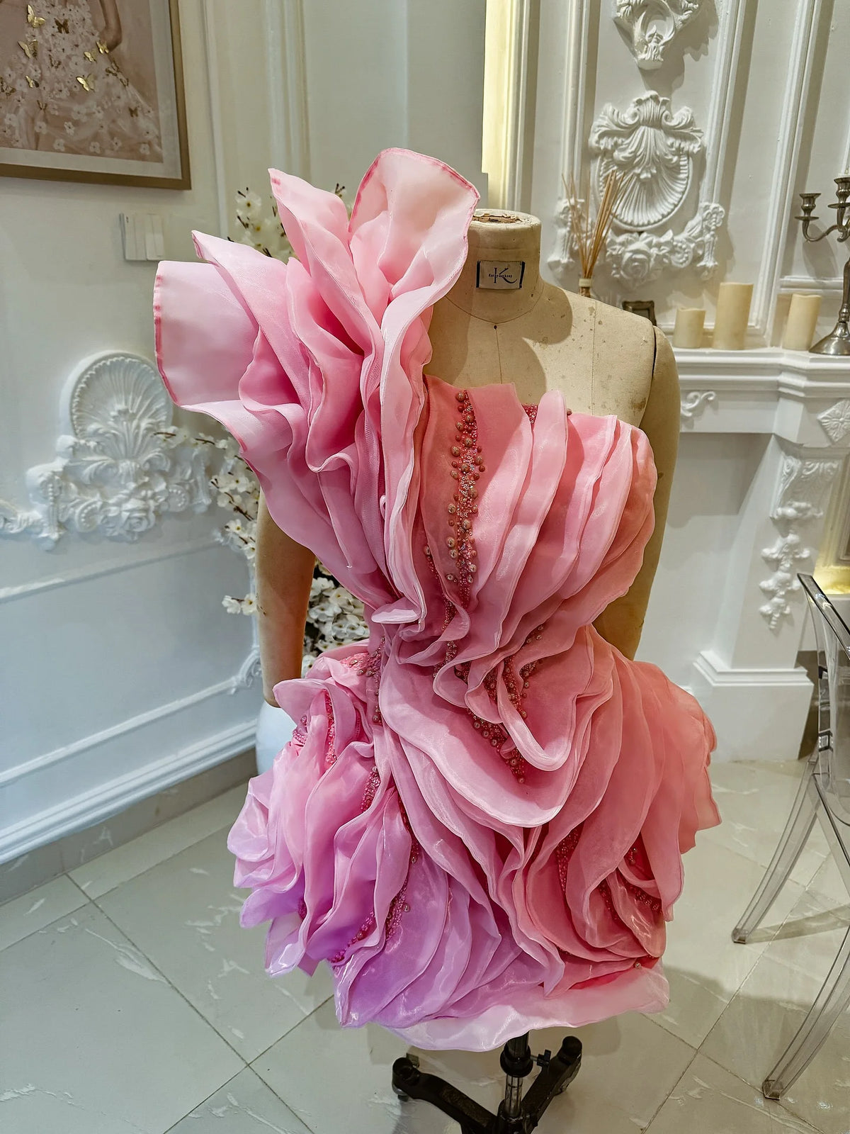 Asymmetric Mesh Ruffle Mini Cocktail Dress One Shoulder Chiffon Beaded Summer Party Dress Puffy Tiered Floral Short Prom Gowns