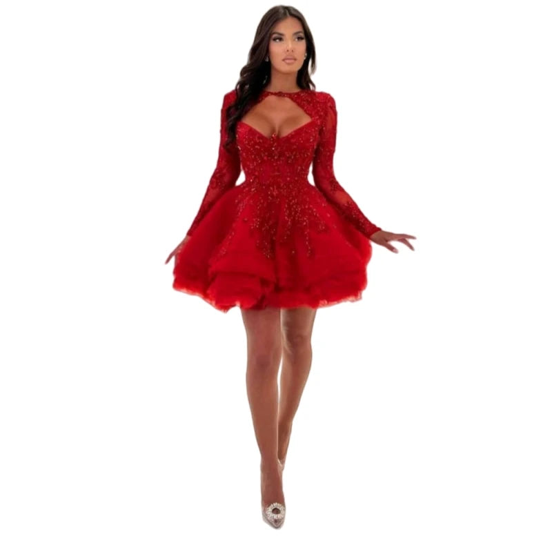 Puffy Short Red Prom Dress Ruffle Tutu Tulle Long Sleeves Homecoming Dresses Lace Appliques beaded Sweetheart Neck Customized
