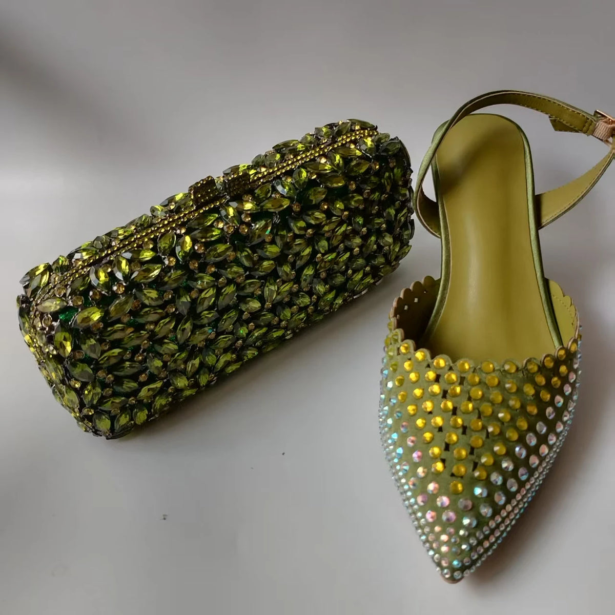 Luxury Olive Green Rhinestones Women's Shoe and Bag Set for Party Wedding Crystals Heeled Pumps and Handbag Sandals
