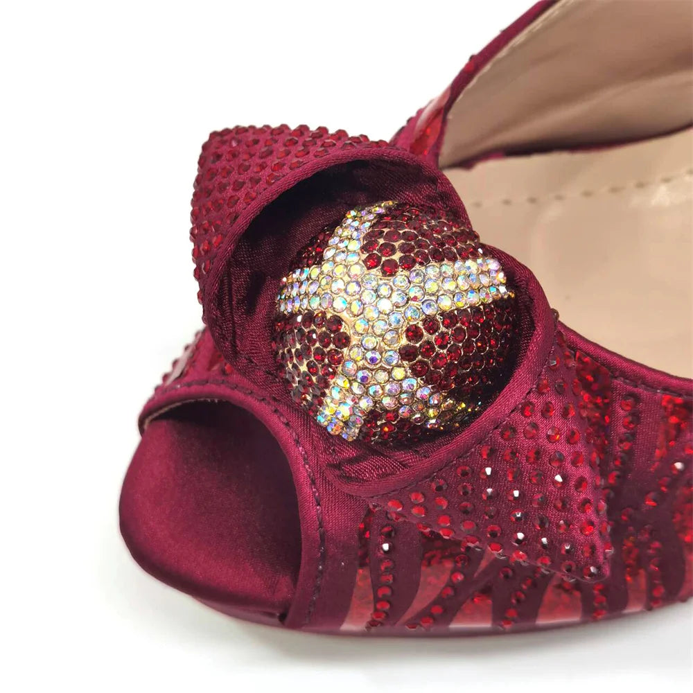 Venus Chan 2024 Newest Arrival Wine Red Color Peep Toe Women Sandals Shoes Matching Bag Set For Ladies Wedding Party Pump