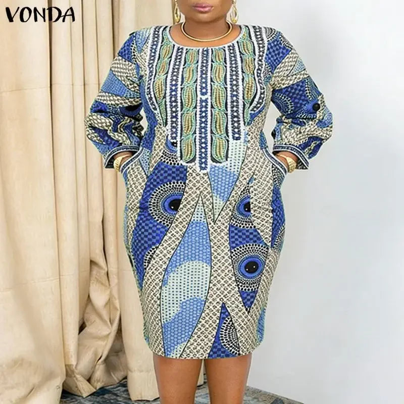 Plus Size VONDA Bohemian Midi Dresses Women Fashion Long Sleeve Print Vintage Party Long Vestidos 2026 Casual Oversize Robe 5XL