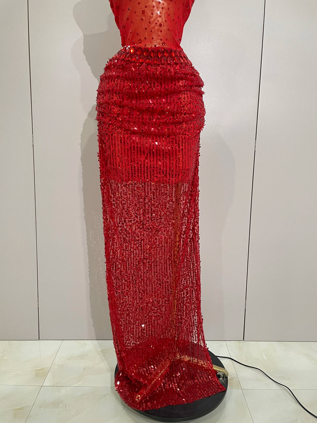 Sparkly Red Rhinestones Sequins Sexy See Through 2PCS Long Dress 2025Women Celebrate Evening Birthday Party Dress Stage Costumes