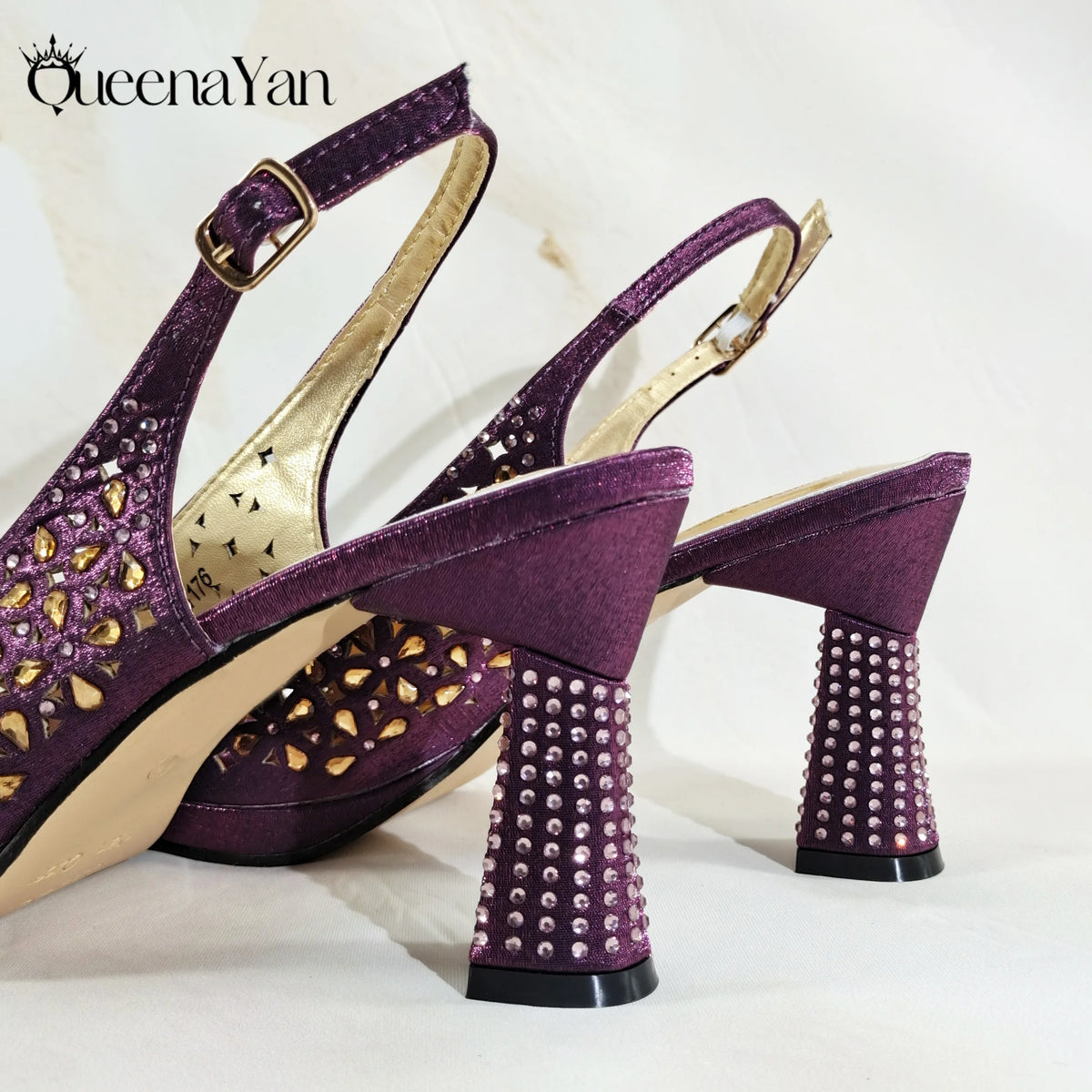 Queena Yan Party Wedding Purple Openwork detailing Stylish Peep Toe Design High Heels and Bag Set Decorated With Rhinestone