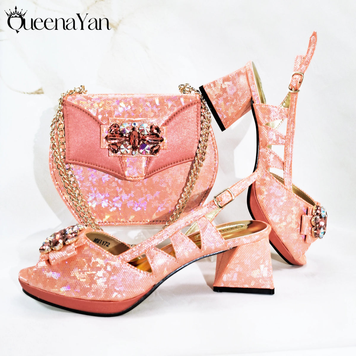 Queena Yan 2025 Fashionable Brown Color Open Toe Women's Sandals with Matching Bag Set - Perfect for Weddings and Parties