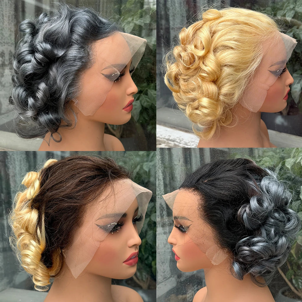 613# Pixie Cut Wigs Human Hair Loose Wave Curly Wig 13x4 Lace Front Human Hair Wig  260% Density 8Inch for Black Women
