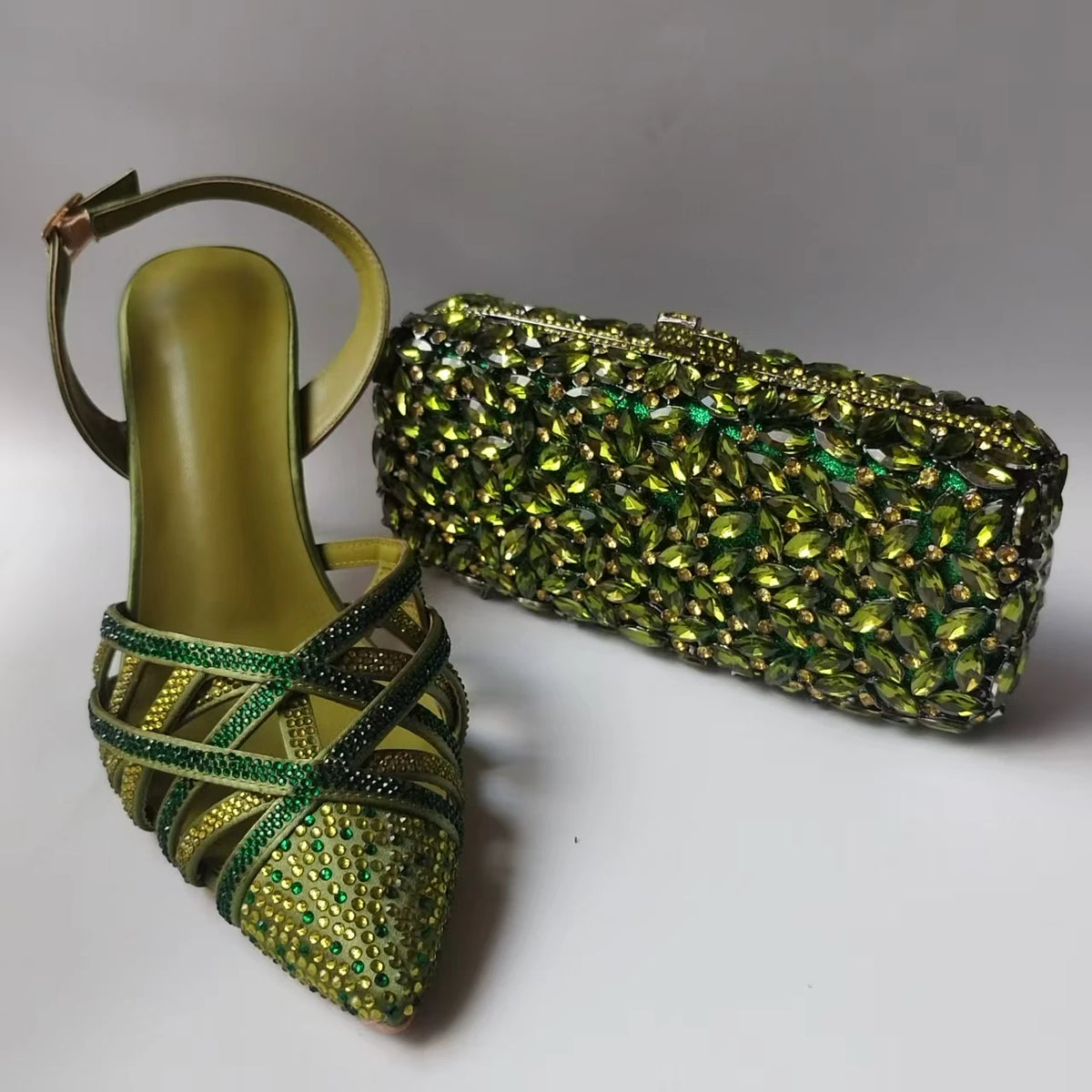 Luxury Olive Green Rhinestones Women's Shoe and Bag Set for Party Wedding Crystals Heeled Pumps and Handbag Sandals