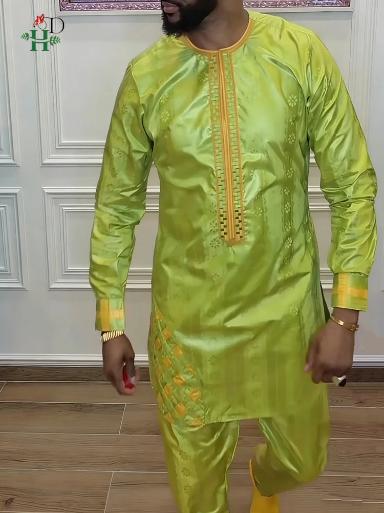 H&D African Clothing For Man Traditional Agbada Sets 2PCS Green Bazin Riche Shirt Pant Embroidered Wedding Party Suits Plus Size