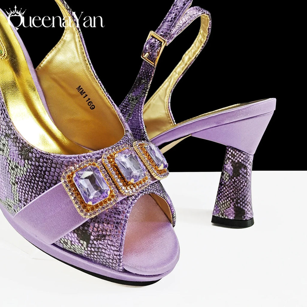 Queena Yan New Luxurious Italian Women's Party Shoes&Bag Set Elegant Golden Rhinestone  Sandals with Peep Toe High Heels Wedding