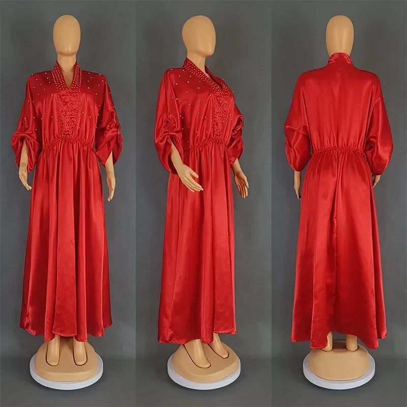 Women Elegant Shiny Satin Loose Party Dress V Neck Beading High Waist Long Gowns Formal Celebrate Evening Event Birthday Robes