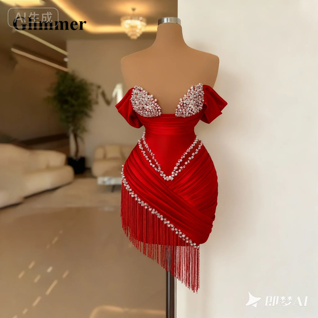 Glimmer Chic Pearls Cocktail Dresses Tassel Off the Shoulder Tassles Prom Dresses Sweetheart Pleat Vestidos De Gala Customised