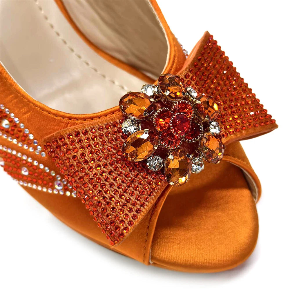 Venus Chan Italian Shoes and Bags Matching Set 2024 Peep Toe High Heels Peach Colour Bow Rhinestones Women Shoes for Party