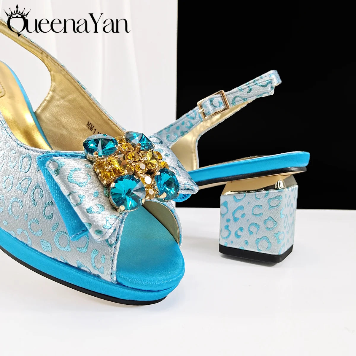Queena Yan Light Blue Elegant Italian Rhinestone Wedding Shoe and Bag Set -Women Heels and Matching Handbag for Party