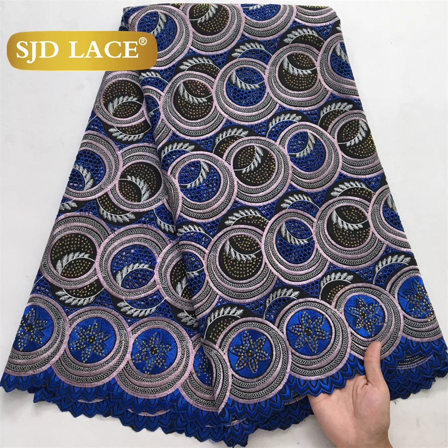 SJD LACE Swiss Voile African Stones Cotton Lace Fabrics 5 Yards 2024 High Quality Nigerian Lace for Women Party Dresses Sew 4079