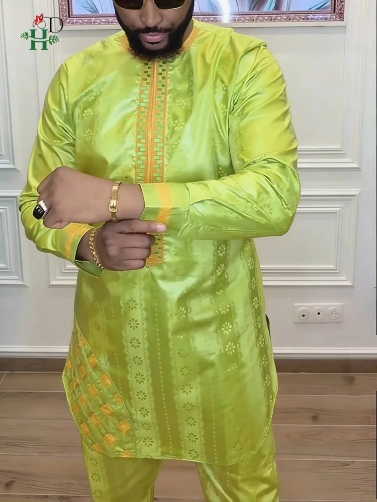 H&D African Clothing For Man Traditional Agbada Sets 2PCS Green Bazin Riche Shirt Pant Embroidered Wedding Party Suits Plus Size