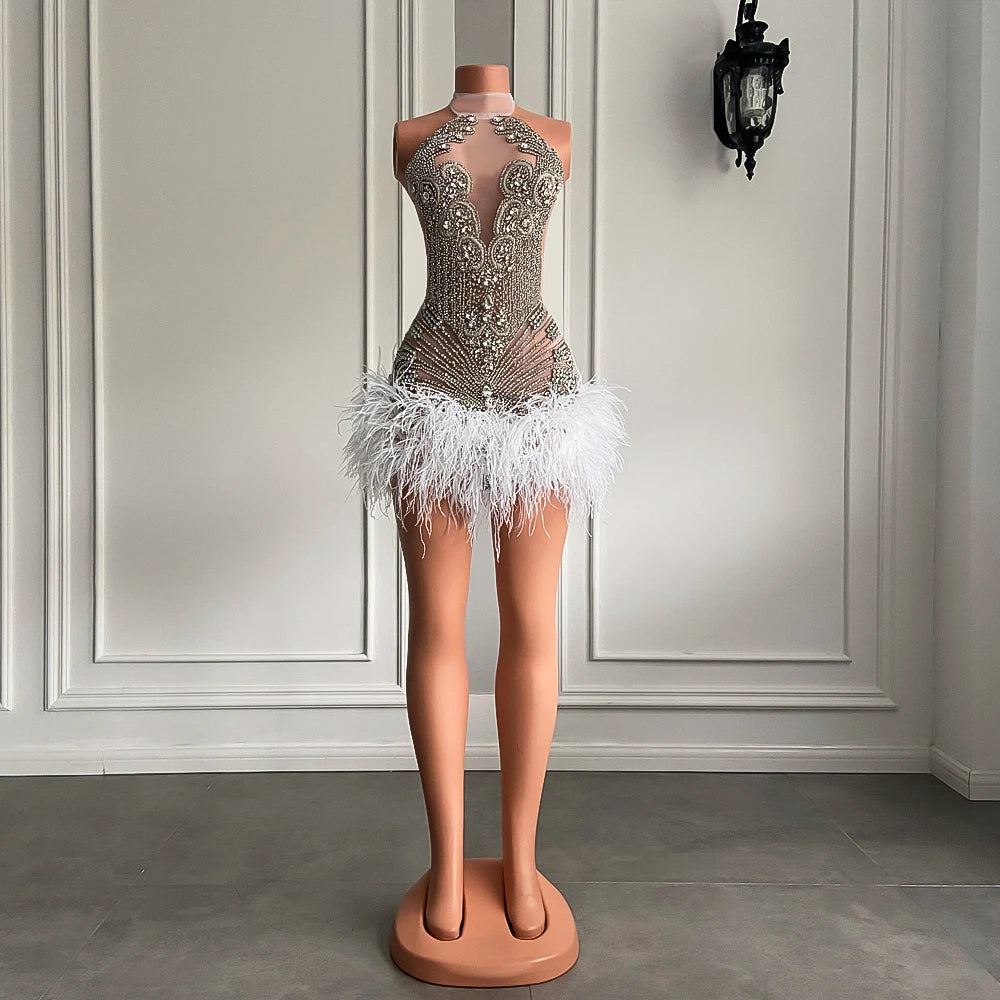 Sparkly Handmade Crystals Women Birthday Party Gowns Sexy See Through White Feather Black Girls Short Mini Prom Dress 2025