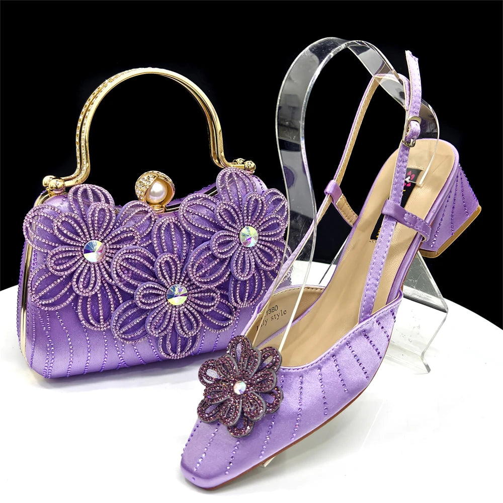 2026 New Elegant Italian Women's Black Heels with Rhinestones and Floral Accents & Matching Clutch Bag Set – Ideal for Parties