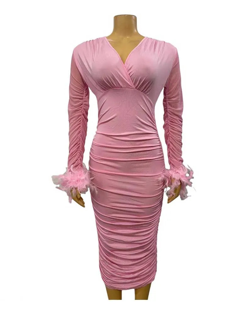 Sexy Bodycon Dress Women Autumn Clothes Solid Color Classy Party Dresses Slim Waist Deep V Neck Long Sleeve Evening Chic Dresses