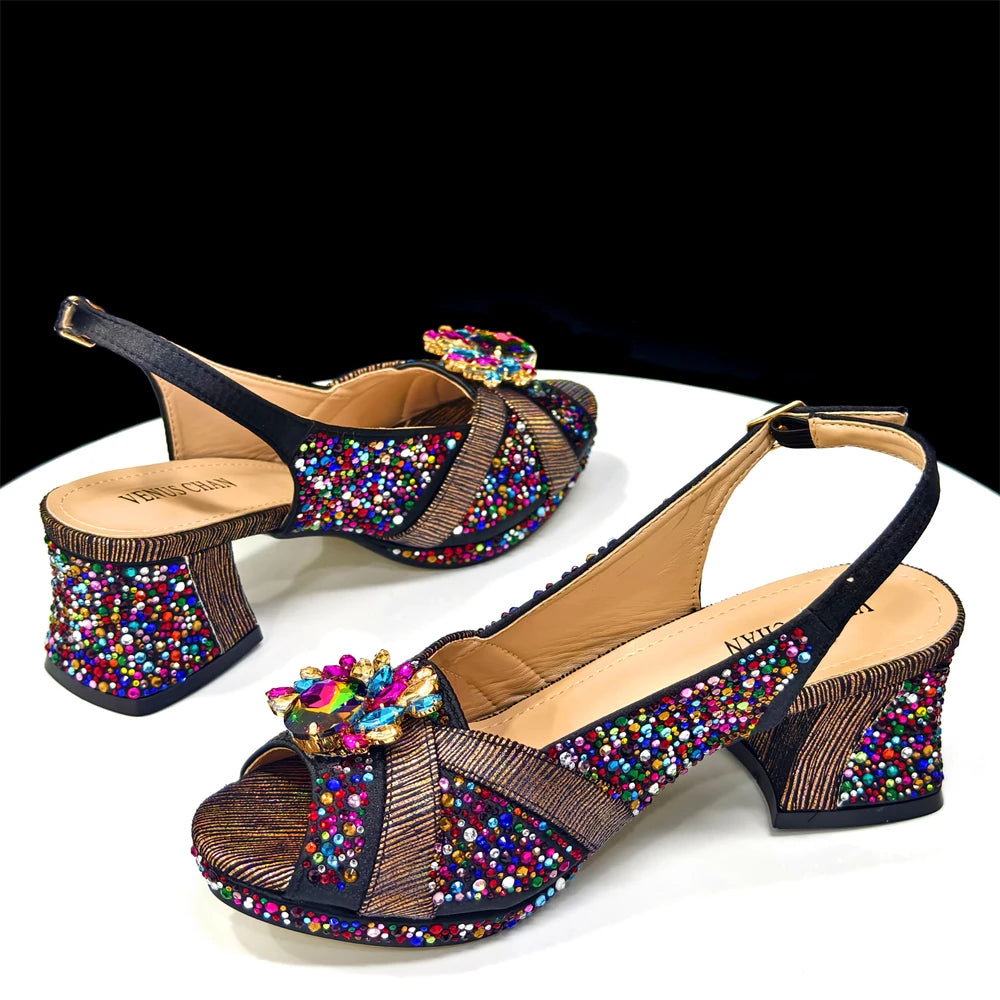 Venus Chan Elegant 2025 Gold Peep-Toe Heels with Diamond Accents - Italian Matching Pumps and Bag Set for Parties
