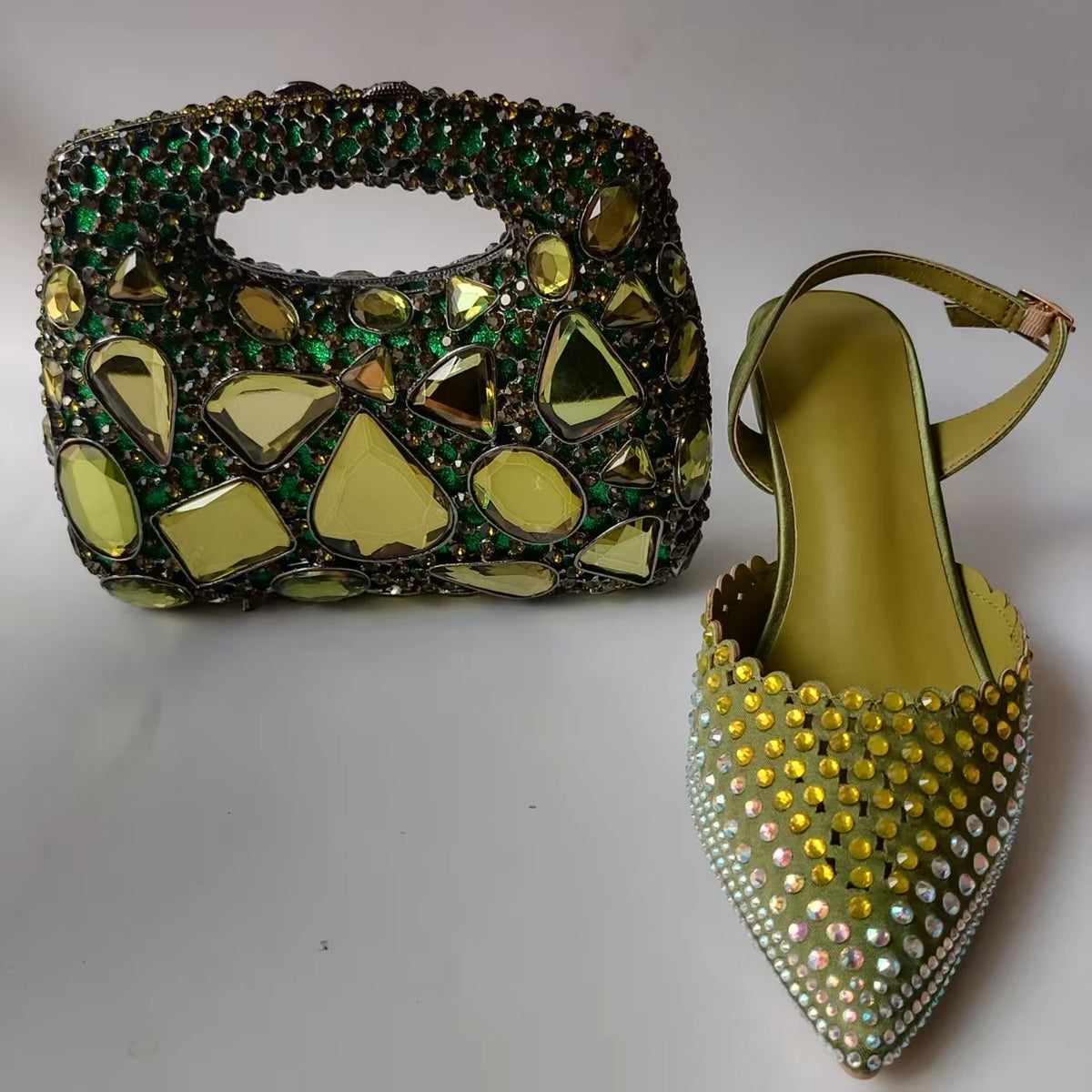 Luxury Olive Green Rhinestones Women's Shoe and Bag Set for Party Wedding Crystals Heeled Pumps and Handbag Sandals