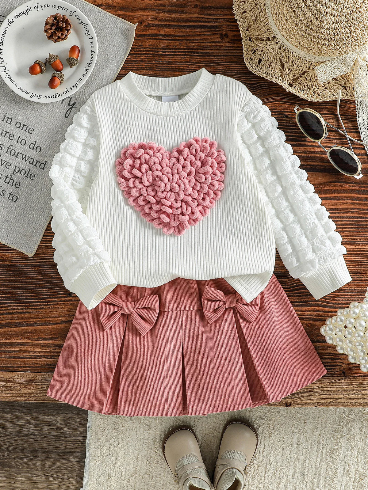 2PCS Children Spring Autumn New Style For Kids Girls 1-6Y Sweet Bubble Sleeve With Heart Top + Short Skirt With Bow Clothes Set