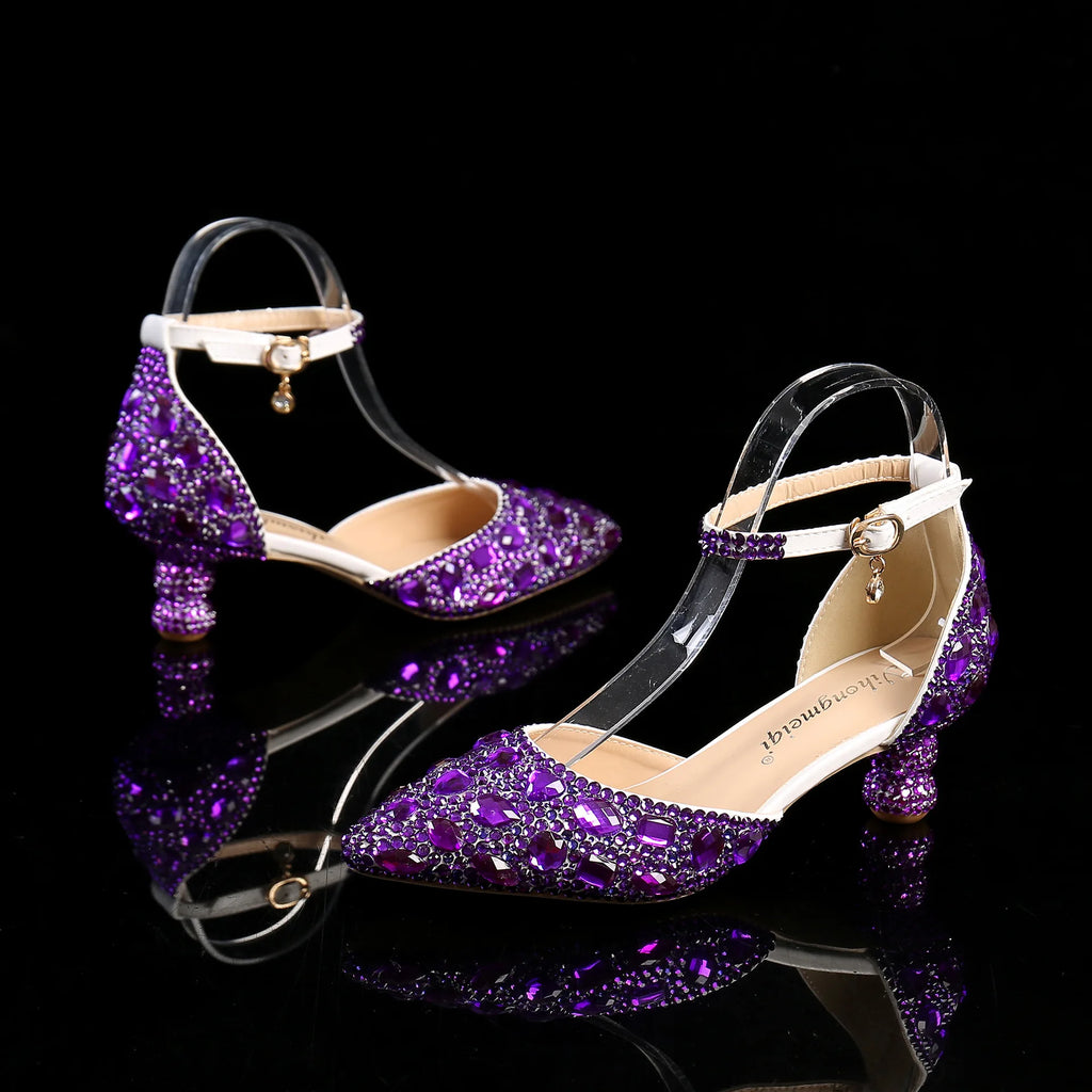 New 5cm Rhinestone shoes buckle round heel blue pointed Crystal Wedding sandals social dance Prom shoes Latin  shoes size 35-43