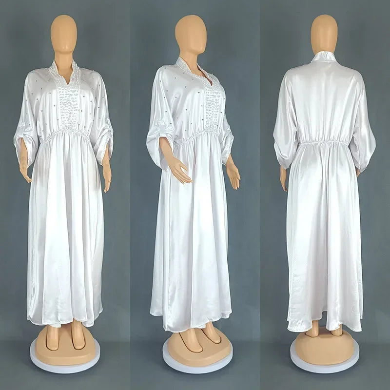 Women Elegant Shiny Satin Loose Party Dress V Neck Beading High Waist Long Gowns Formal Celebrate Evening Event Birthday Robes
