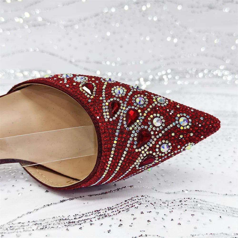 Elegant Italian Rhinestone Pointed-Toe High Heel Shoes with Matching Handbag Set - Stylish & Comfortable Women's Footwear