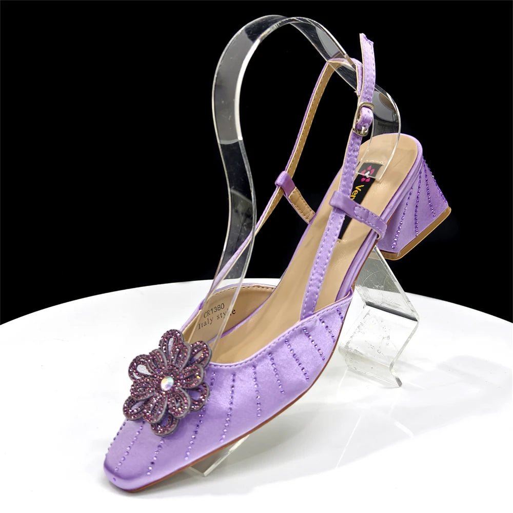 2026 New Elegant Italian Women's Black Heels with Rhinestones and Floral Accents & Matching Clutch Bag Set – Ideal for Parties